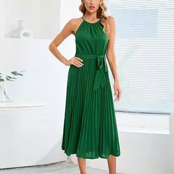 Женское летнее повседневное сексуальное сплошное платье с лямкой на бретельках и покрытием S зелёный