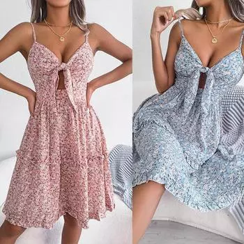 Женское летнее повседневное шифоновое платье с цветочным принтом и оборками, одежда в пляжном стиле S синий