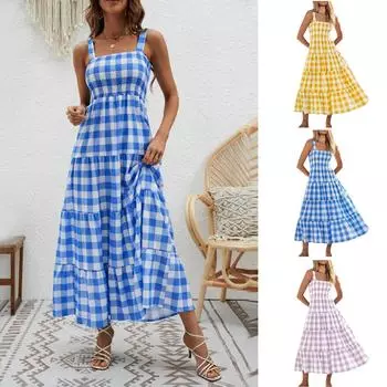 Женское летнее повседневное струящееся длинное платье с квадратным вырезом и рюшами на бретельках, пляжное вечернее платье L синий