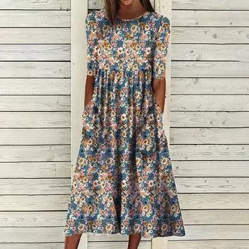 Женское летнее повседневное свободное карманное платье со средним рукавом и круглым вырезом с принтом S синий