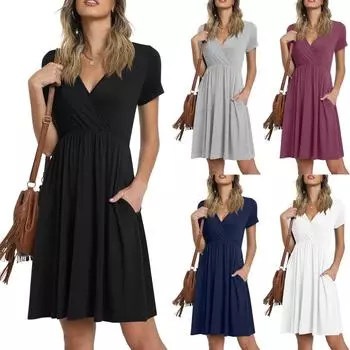 Женское летнее повседневное свободное однотонное платье с v-образным вырезом и коротким рукавом XL чёрный