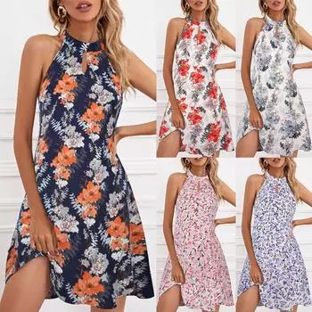 Женское летнее повседневное свободное платье без рукавов с цветочным принтом, женский пляжный отдых S розовый