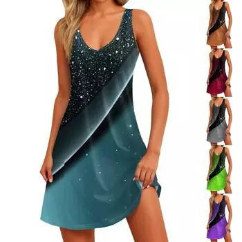 Женское летнее повседневное свободное платье без рукавов с цветочным принтом и карманом L синий