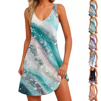 Женское летнее повседневное свободное платье без рукавов с цветочным принтом и карманом M