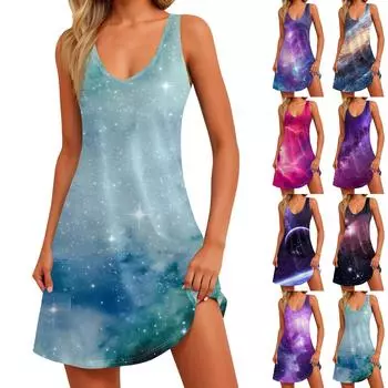 Женское летнее повседневное свободное платье без рукавов с цветочным принтом и карманом L