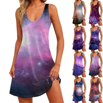 Женское летнее повседневное свободное платье без рукавов с цветочным принтом и карманом L