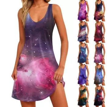 Женское летнее повседневное свободное платье без рукавов с цветочным принтом и карманом L синий