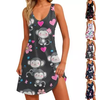 Женское летнее повседневное свободное платье без рукавов с цветочным принтом и карманом L чёрный