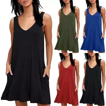 Женское летнее повседневное свободное платье-футболка, пляжное платье-майка с v-образным вырезом и карманом L чёрный