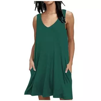 Женское летнее повседневное свободное платье-футболка, пляжное платье-майка с v-образным вырезом и карманом M