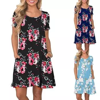 Женское летнее повседневное свободное платье-майка с цветочным принтом больших размеров, мини-платье-майка M чёрный