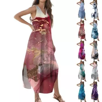 Женское летнее повседневное свободное платье-макси с жилетом и фактурным принтом без рукавов с v-образным вырезом и разрезом футболка платье макси XXL винный