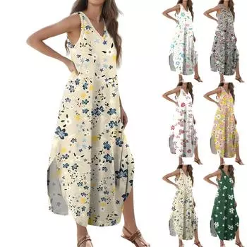 Женское летнее повседневное свободное платье-макси с жилетом и цветочным принтом без рукавов с v-образным вырезом и разрезом, футболка-макси