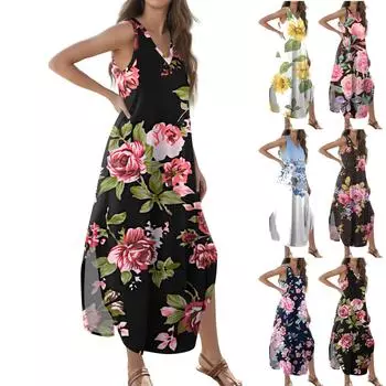 Женское летнее повседневное свободное платье-макси с жилетом и цветочным принтом без рукавов с v-образным вырезом и разрезом, футболка-макси