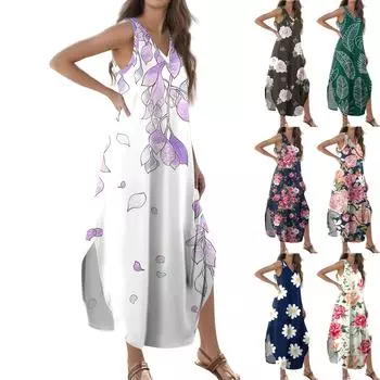 Женское летнее повседневное свободное платье-макси с жилетом и цветочным принтом без рукавов с v-образным вырезом и разрезом, футболка-макси