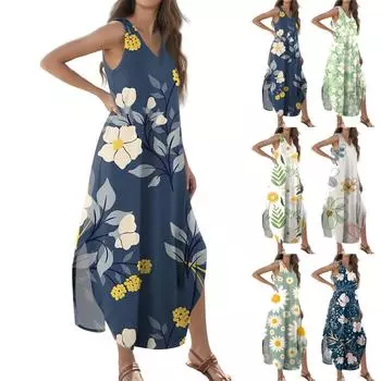 Женское летнее повседневное свободное платье-макси с жилетом и цветочным принтом без рукавов с v-образным вырезом и разрезом, футболка-макси