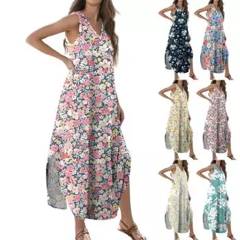 Женское летнее повседневное свободное платье-макси с жилетом и цветочным принтом без рукавов с v-образным вырезом и разрезом, футболка-макси