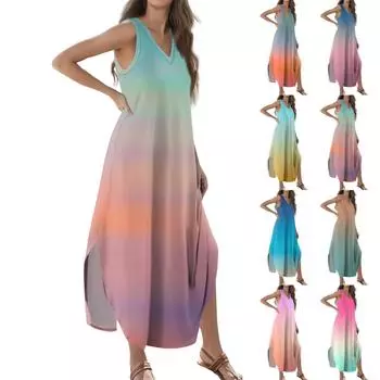 Женское летнее повседневное свободное платье макси с жилетом и градиентным принтом без рукавов с v-образным вырезом и разрезом футболка платье макси S