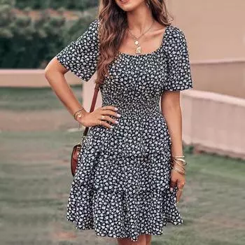 Женское летнее повседневное свободное платье с квадратным вырезом и короткими рукавами, многослойное цветочное платье с высокой талией и морщинами M чёрный