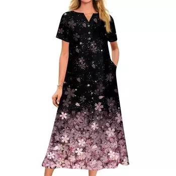 Женское летнее повседневное свободное платье с v-образным вырезом и короткими рукавами с принтом M фиолетовый