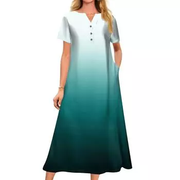 Женское летнее повседневное свободное платье с v-образным вырезом и короткими рукавами с принтом M циан