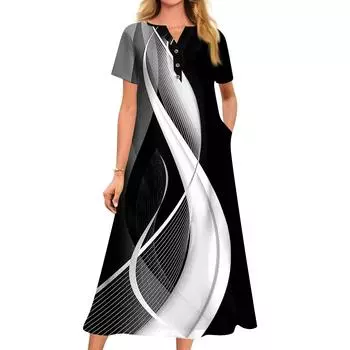 Женское летнее повседневное свободное платье с v-образным вырезом и короткими рукавами с принтом XL чёрный