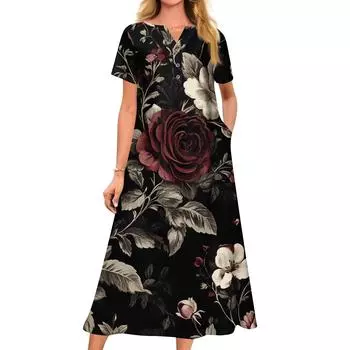 Женское летнее повседневное свободное платье с v-образным вырезом и короткими рукавами с принтом XL чёрный