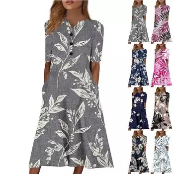 Женское летнее повседневное свободное платье с v-образным вырезом и короткими рукавами с принтом L чёрный