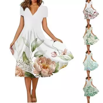 Женское летнее повседневное свободное платье с короткими рукавами и цветочным принтом XL розовый