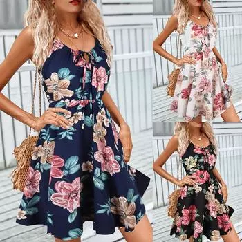 Женское летнее повседневное свободное платье с цветами с цветочным принтом, женское пляжное праздничное платье S белый