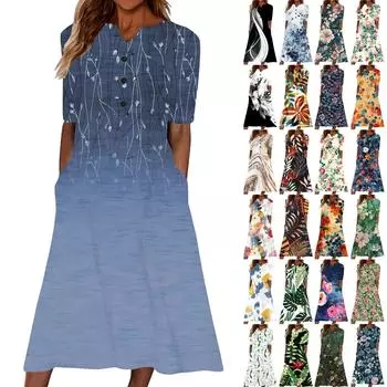 Женское летнее повседневное свободное платье с v-образным вырезом и короткими рукавами с принтом L синий