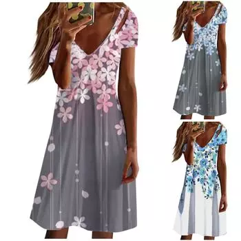 Женское летнее повседневное свободное платье с короткими рукавами и v-образным вырезом с цветочным принтом XL серый