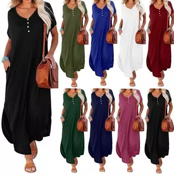 Женское летнее повседневное свободное платье с коротким рукавом и V-образным вырезом, повседневное пляжное платье макси с карманами L армия зеленый