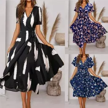 Женское летнее повседневное свободное платье с запахом и цветочным принтом, на шнуровке, с V-образным вырезом, модное элегантное уличное повседневное платье миди с короткими рукавами S синий