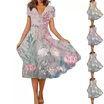 Женское летнее повседневное свободное платье с короткими рукавами и цветочным принтом L синий