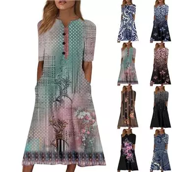 Женское летнее повседневное свободное платье с v-образным вырезом и короткими рукавами с принтом L чёрный