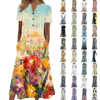 Женское летнее повседневное свободное платье с v-образным вырезом и короткими рукавами с принтом L