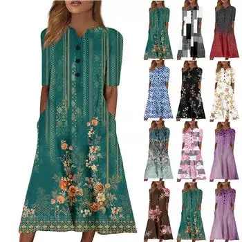 Женское летнее повседневное свободное платье с v-образным вырезом и короткими рукавами с принтом L чёрный