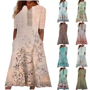 Женское летнее повседневное свободное платье с v-образным вырезом и короткими рукавами с принтом L синий