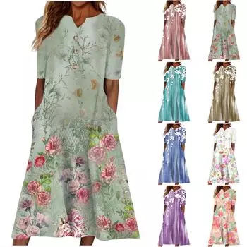 Женское летнее повседневное свободное платье с v-образным вырезом и короткими рукавами с принтом S синий