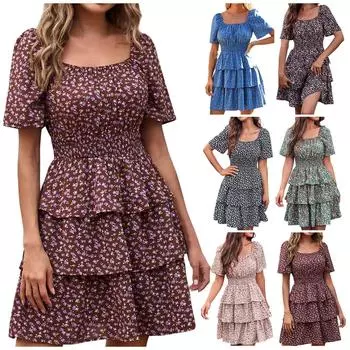 Женское летнее повседневное свободное платье с квадратным вырезом и короткими рукавами, многослойное цветочное платье с высокой талией и морщинами M чёрный