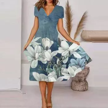 Женское летнее повседневное свободное платье с короткими рукавами и цветочным принтом S зелёный