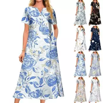 Женское летнее повседневное свободное платье с v-образным вырезом и короткими рукавами с принтом L