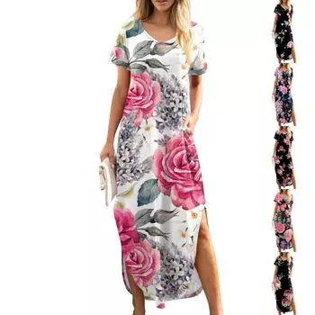 Женское летнее повседневное свободное пляжное платье макси с короткими рукавами и цветочным принтом XL