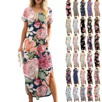 Женское летнее повседневное свободное пляжное платье макси с короткими рукавами и цветочным принтом XXL чёрный