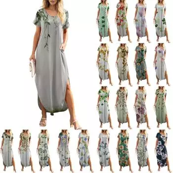 Женское летнее повседневное свободное пляжное платье макси с коротким рукавом и цветочным принтом L