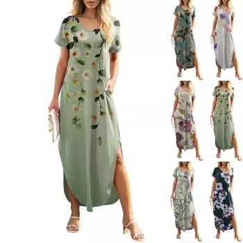 Женское летнее повседневное свободное пляжное платье макси с коротким рукавом и цветочным принтом XXL
