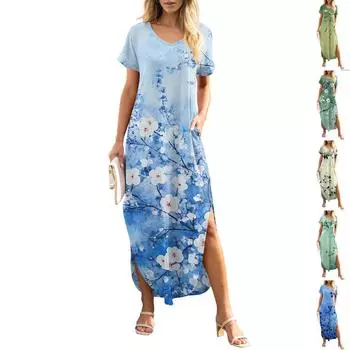 Женское летнее повседневное свободное пляжное платье макси с коротким рукавом и цветочным принтом L армия зеленый