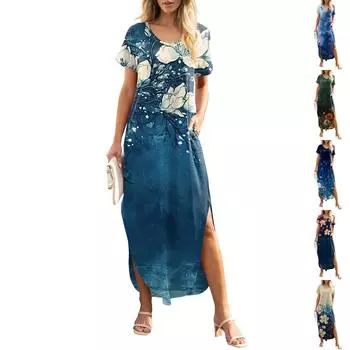 Женское летнее повседневное свободное пляжное платье макси с коротким рукавом и цветочным принтом L синий