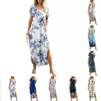 Женское летнее повседневное свободное пляжное платье макси с коротким рукавом и цветочным принтом L синий